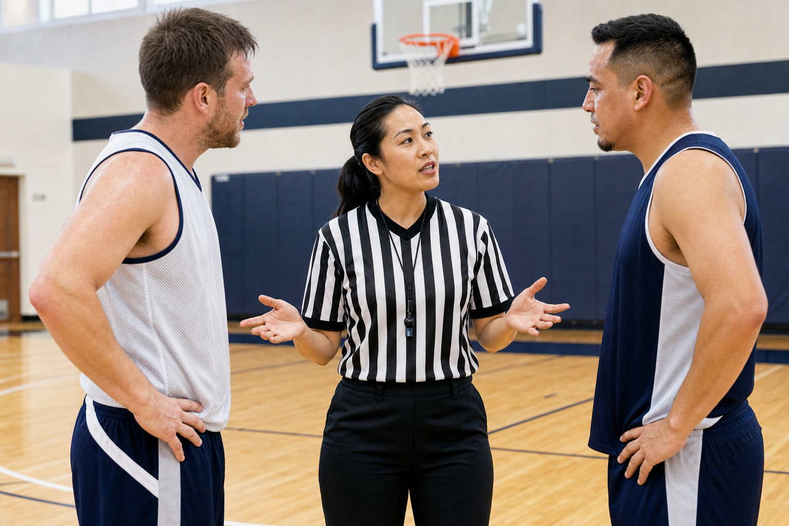 A basketball referee explaining a call to two players on an indoor court.