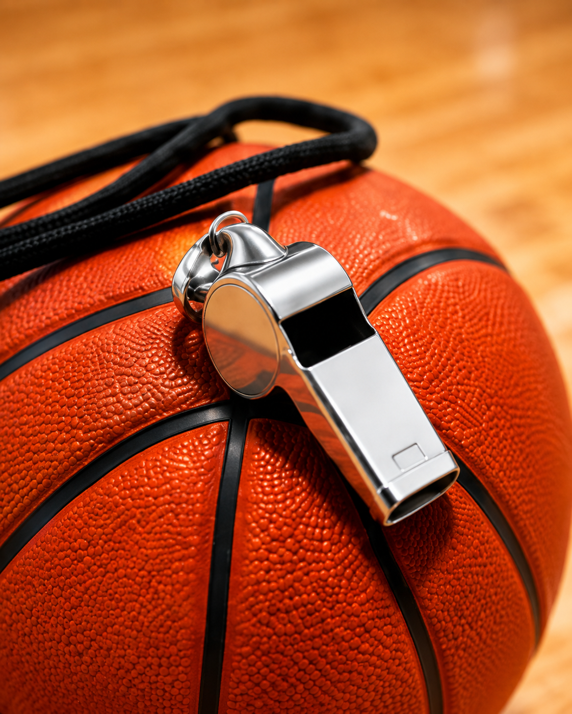 A basketball with a referee whistle.