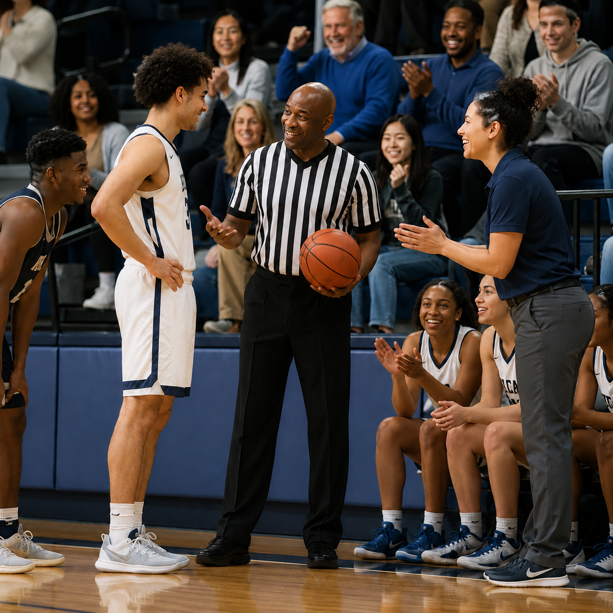 A basketball official speaking with players and a coach during a game